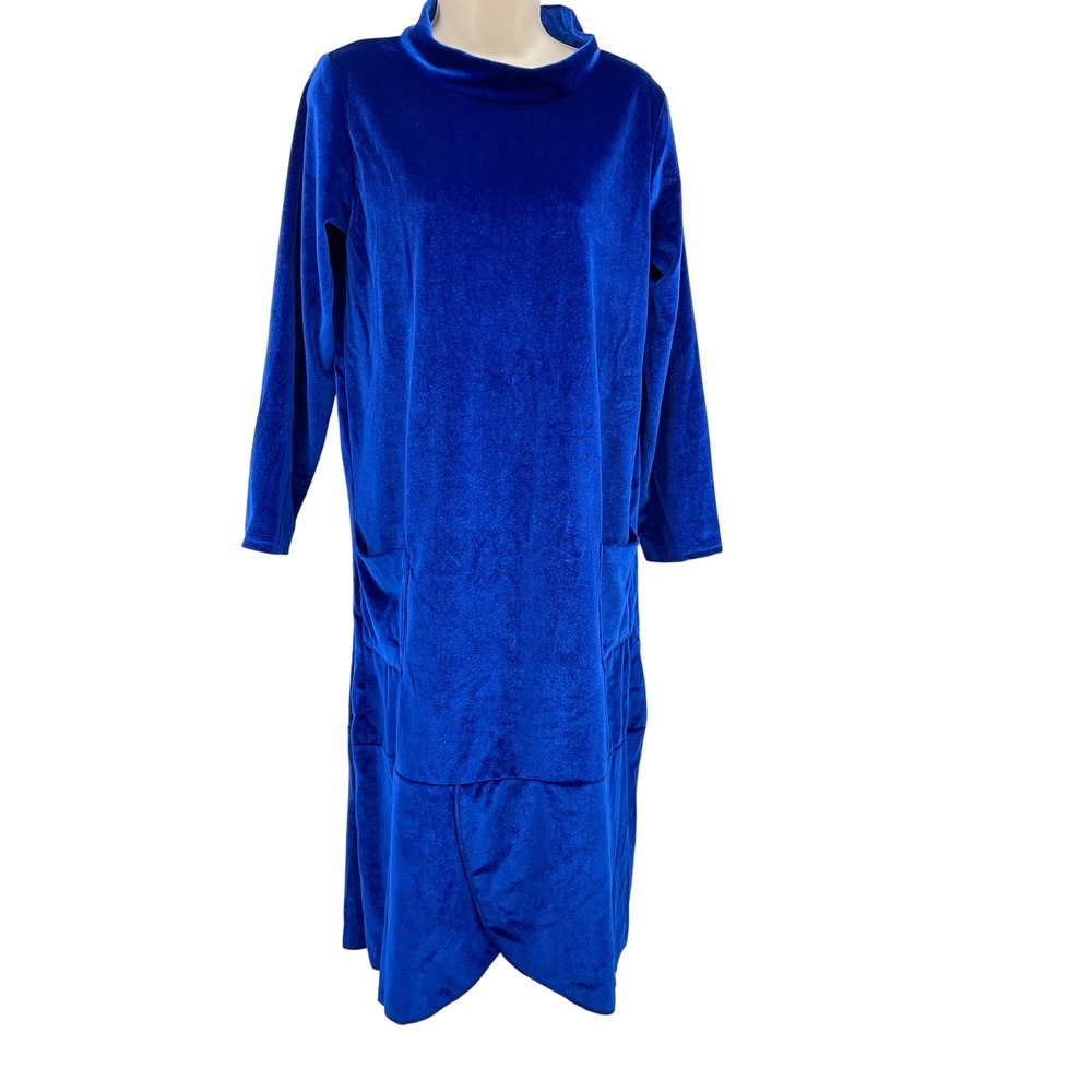 Madison & Mae Royal Blue Velvet‎ Mock Neck Midi Dress with Pockets Long Sleeve